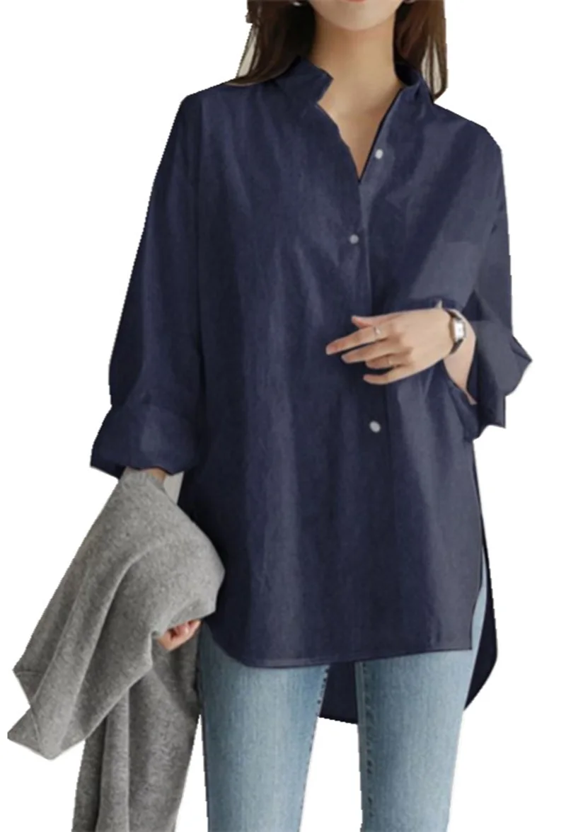 Ladies Long Blouse Shirt Top Spring Autumn Loose Casual Female Women Solid V-Neck Long Sleeve Blouse Shirt Top Plus Size