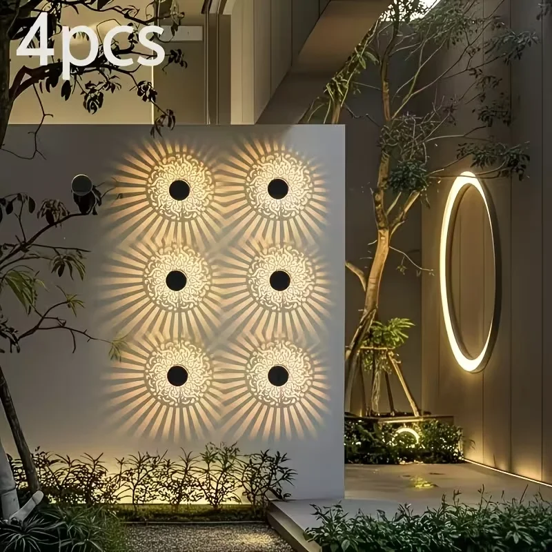 4PC solar wall light, metal pattern IP44 waterproof exterior wall light, colorful and mysterious Mandala metal hollow exterior wall light, suitable for home corridors, fences, lawns, Christmas and Halloween atmosphere decoration