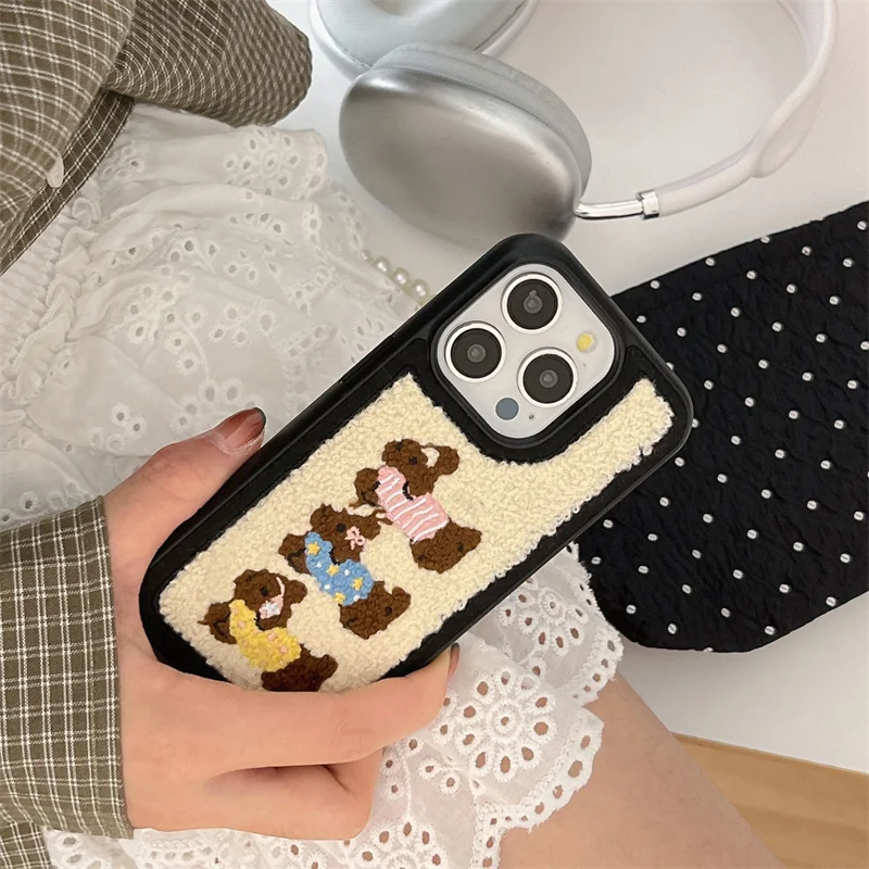 Towel Velvet Embroidered Puppy Phone Case For iPhone 16 Pro 14 13 15 Pro Max Cover Shockproof Cute Cases For Apple 14Pro 15 Capa