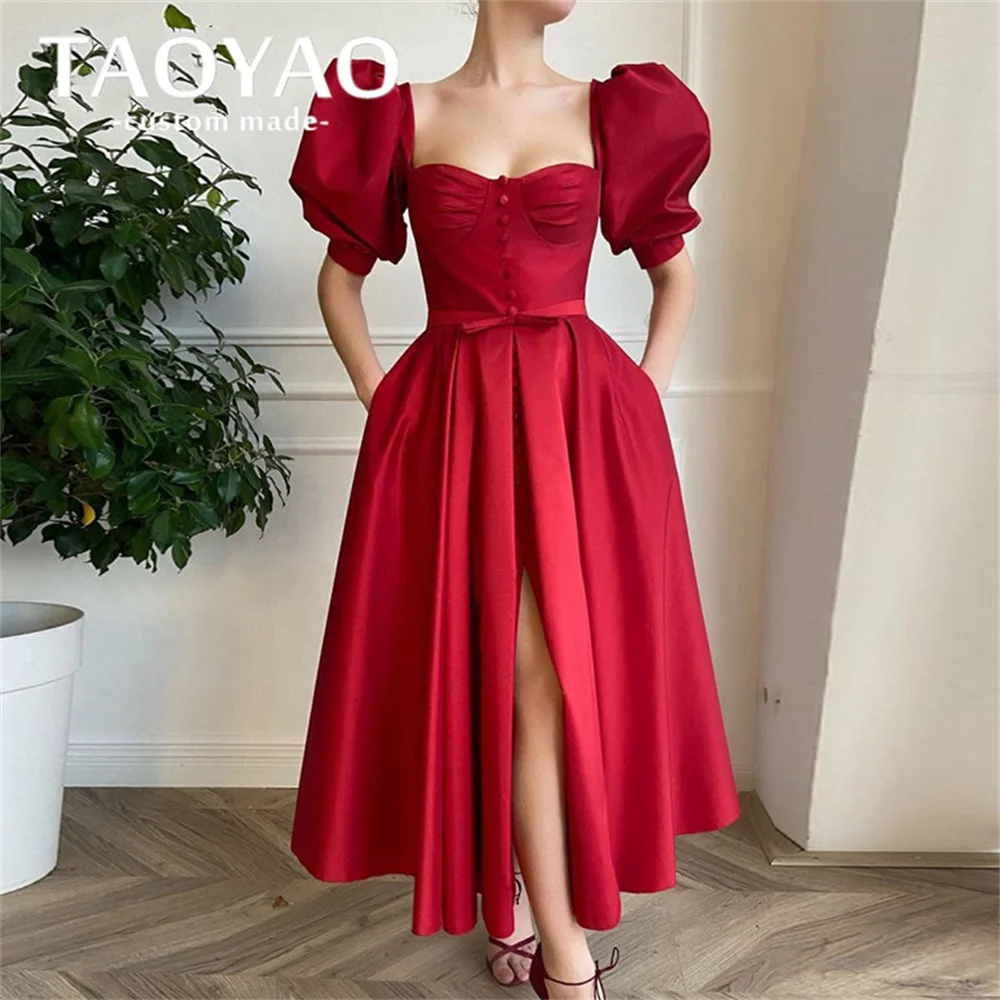 

Charming Red Prom Dress A-Line Backless Split-Front Belt Bow Robes De Soirée Sweetheart Evening Gown Half Sleeve Vestido De Gala