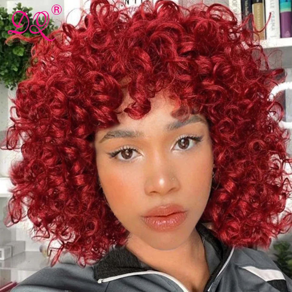 

DQ Hair Synthetic Wigs Afro Short Curly Hair Bangs Wig for Women Red Colored 14 inch Shoulder Length Heat Resistant Halloween