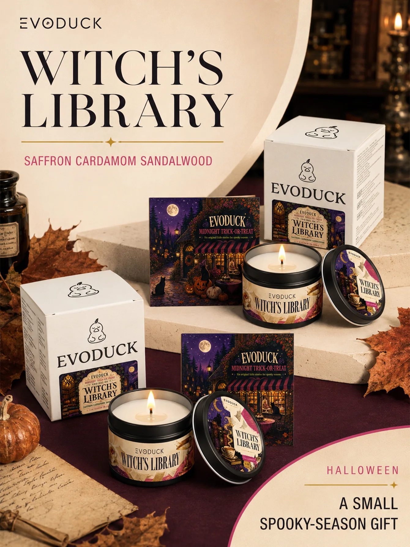 Witch's Library Saffron Cardamom Sandalwood Scented Candle Set, 6 Halloween 3oz Tins with Gift Boxes & Folding Card, Gothic Gift