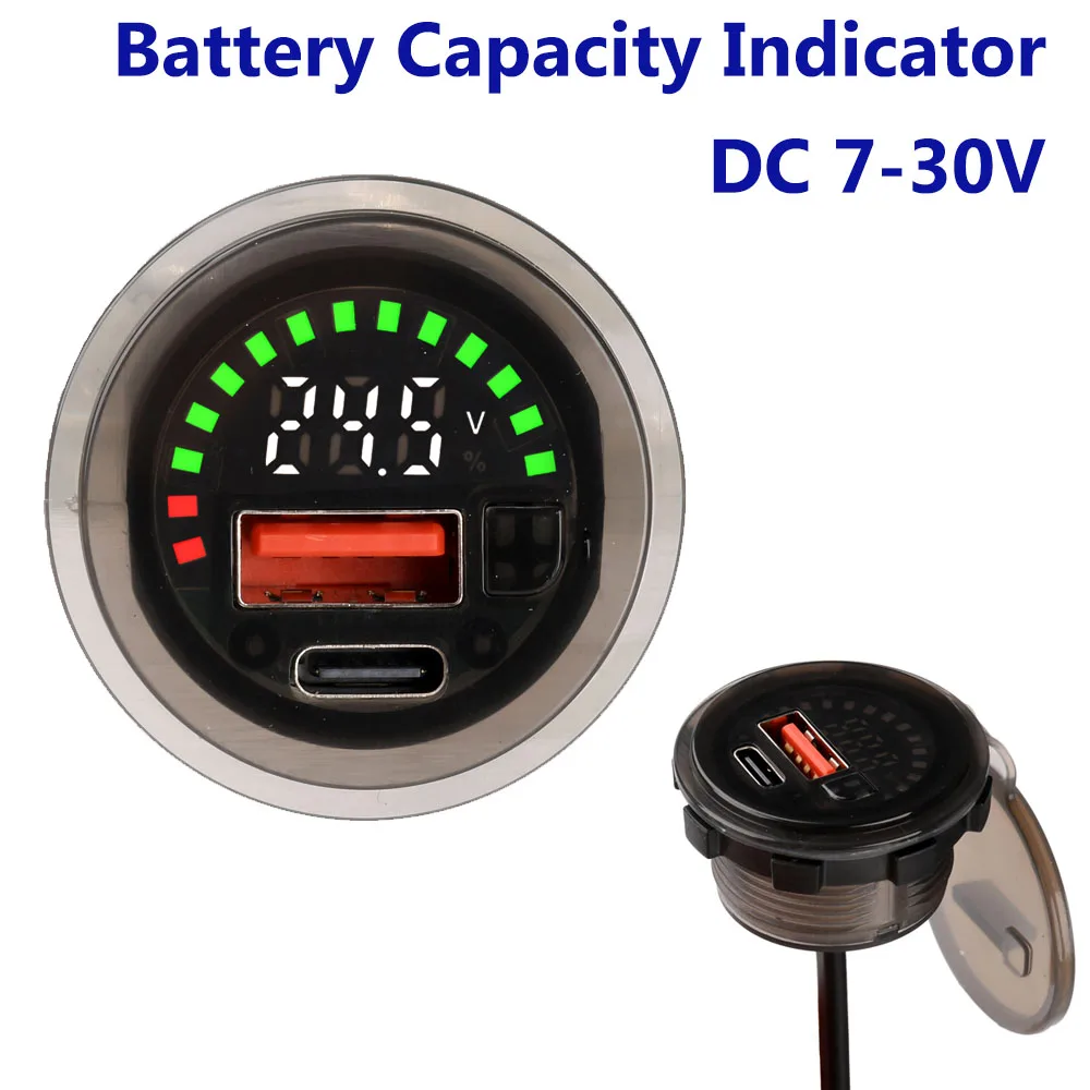 Battery Capacity Indicator DC 7-30V Battery Voltmeter Lead Acid Lithium LiFePO4 Round 2 Wire Voltmeter Car Voltage Current Meter