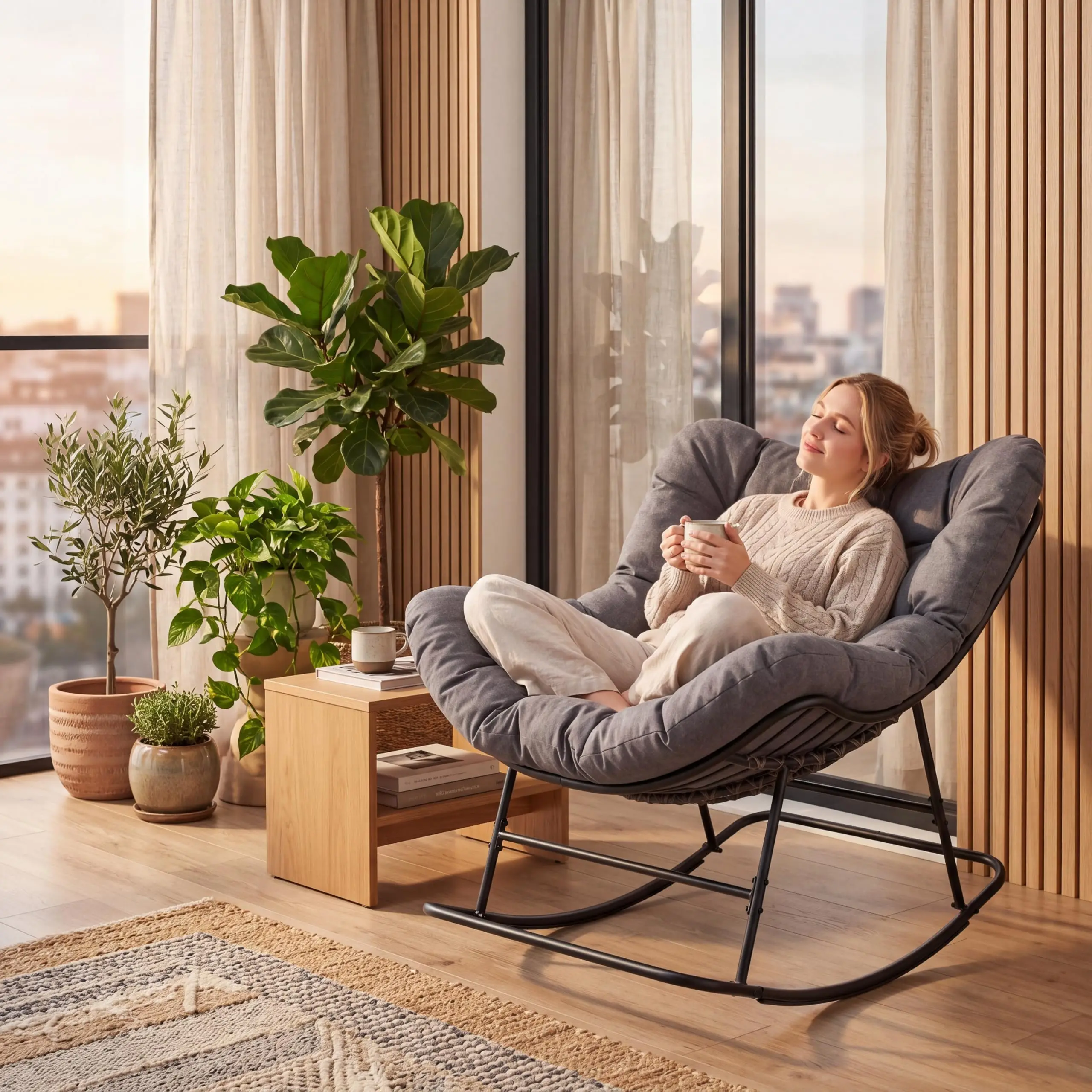 Poltrona a dondolo Papasan con cuscino spesso e removibile, dimensioni 94x109x84 cm. Comoda poltrona a forma di uovo con struttura in metallo robusta, capacità di carico 150 kg. Poltrona a dondolo