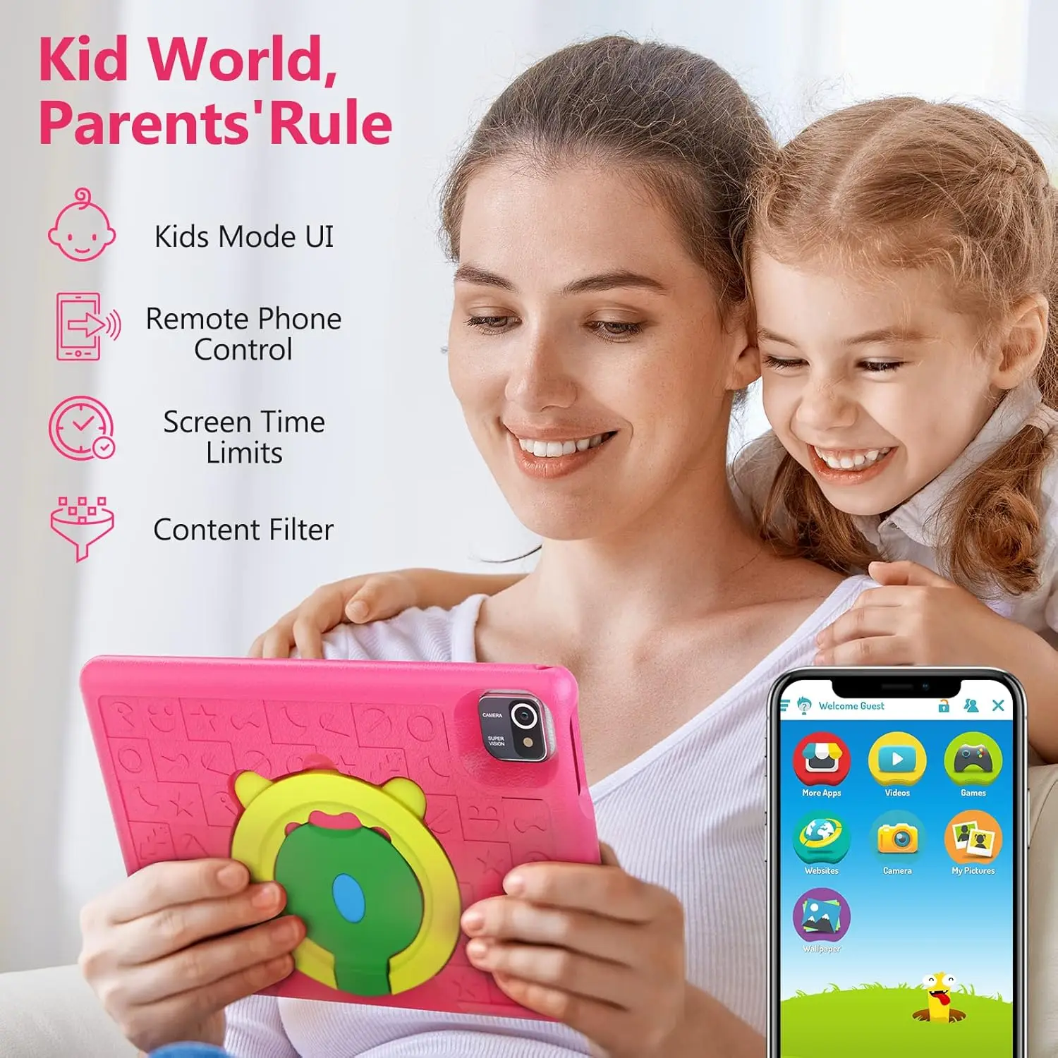 Tablet per bambini da 10,1 pollici Android 13 6 GB RAM 64 GB ROM 1 TB Espandi batteria da 5000 mAh Doppia fotocamera per bambini dai 3 ai 12 anni Controllo parentale