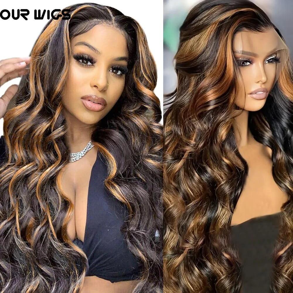 

Ombre Lace Front Wig 1B/30 Highlight Lace Front Wigs Black Colored PrePlucked Glueless Wigs 180% Density Synthetic Body Wave Wig