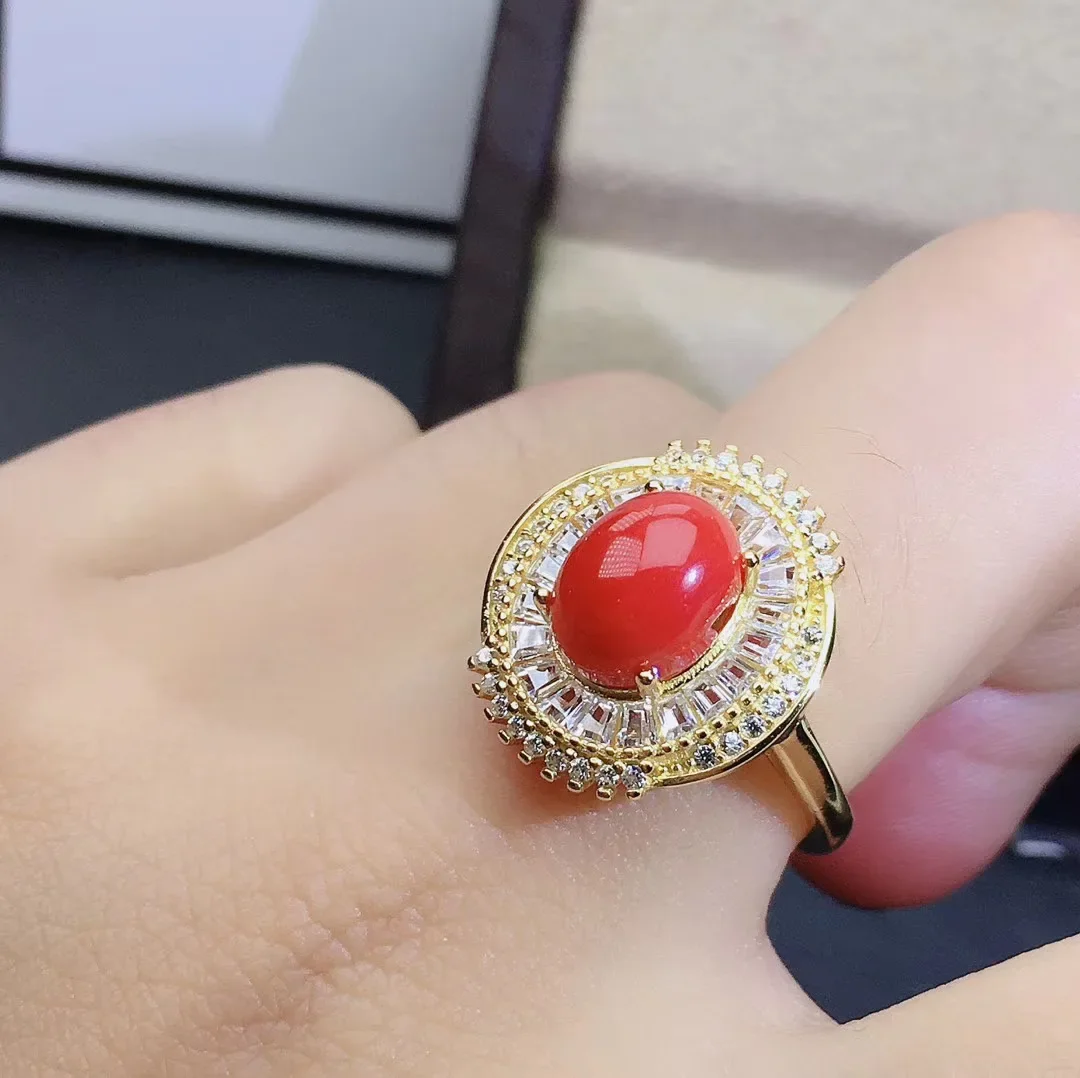 Girls' Natural Red Coral 8x12mm Large Gemstone Necklace Pendant Ring 3-Piece Set 925 Pure Silver Plated Gold Gift for Girlfriend