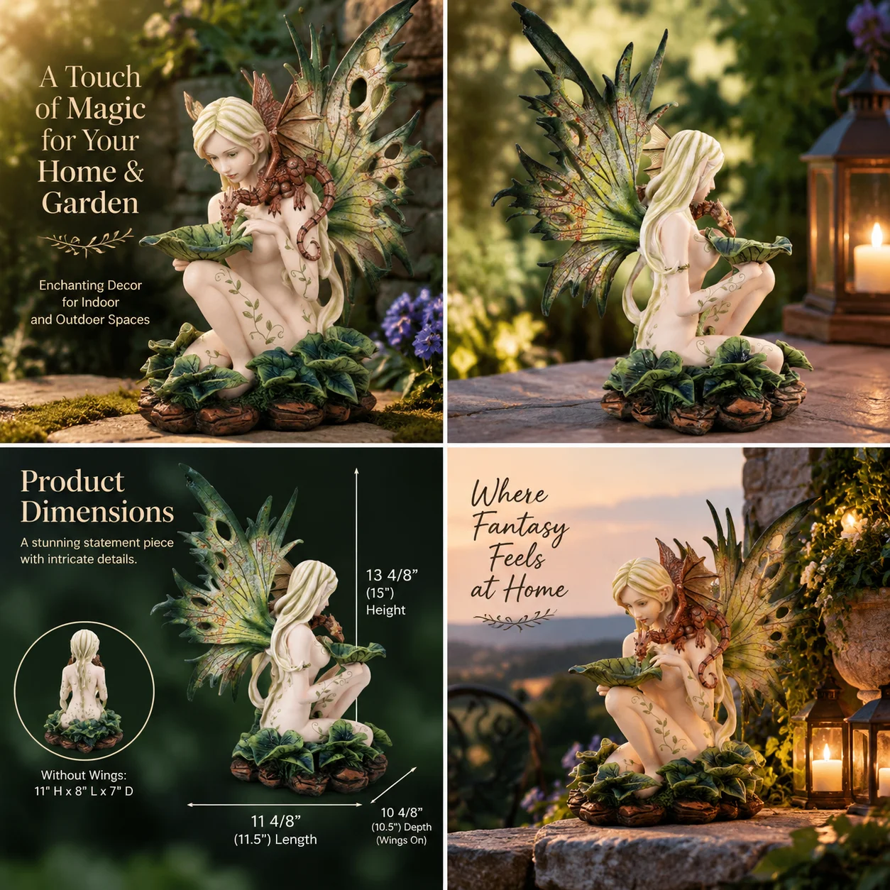 Fairy Dragon Garden Statue 13 Inch, Fantasy Fae Pixie Sculpture, Large Outdoor Garden Decor Figurine, Enchanted Forest Creature Ornament for Patio Yard Lawn Home Decoration