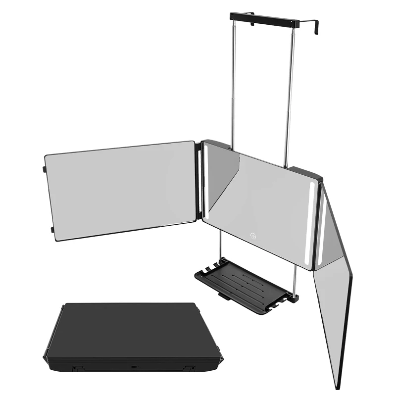 MissMeeca 3 Way Hair Cut LED Makeup Mirror with Tray 3-Sided Perfect for Self Haircut 360 View Makeup Eyebrow Grooming Shaving