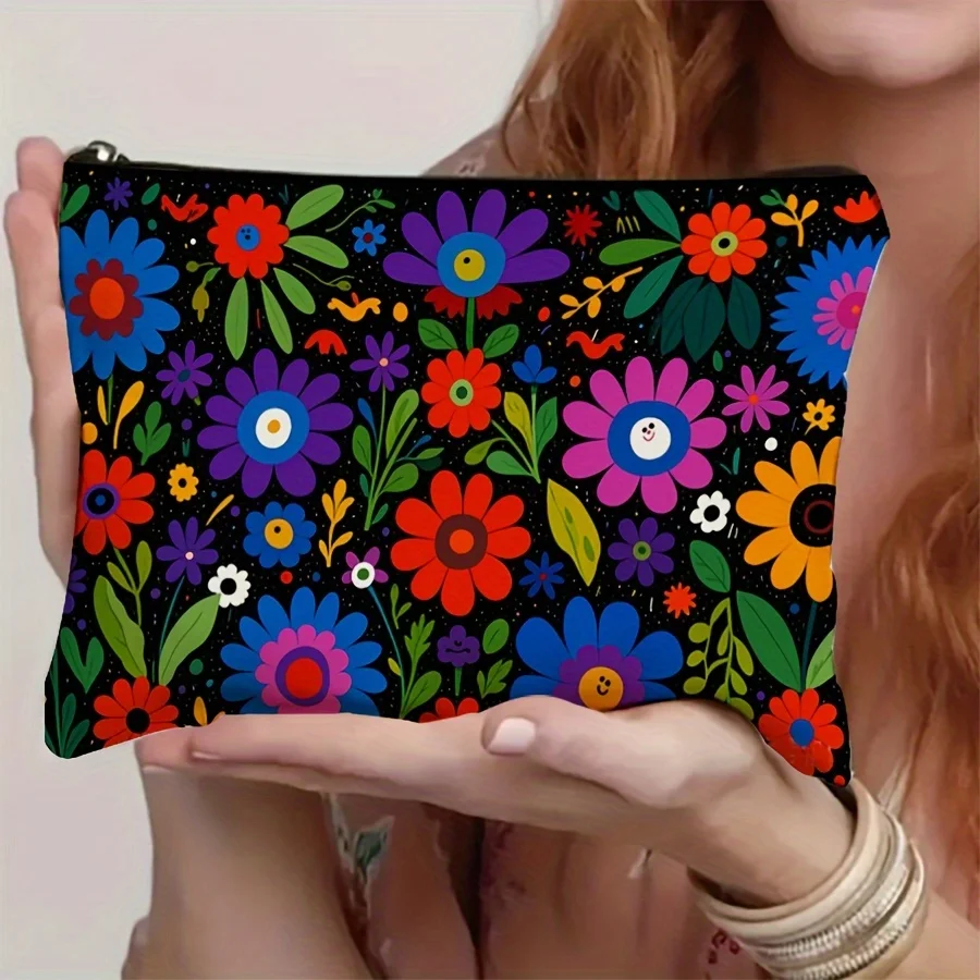 1Pc Colorful Floral and Green Leaf Retro Design Multifunctional Travel Makeup Bag, Snack Storage Bag, Stationery Storage Bag, Fashionable Toiletry Bag, Canvas Double-Sided Printed Zipper Pouch