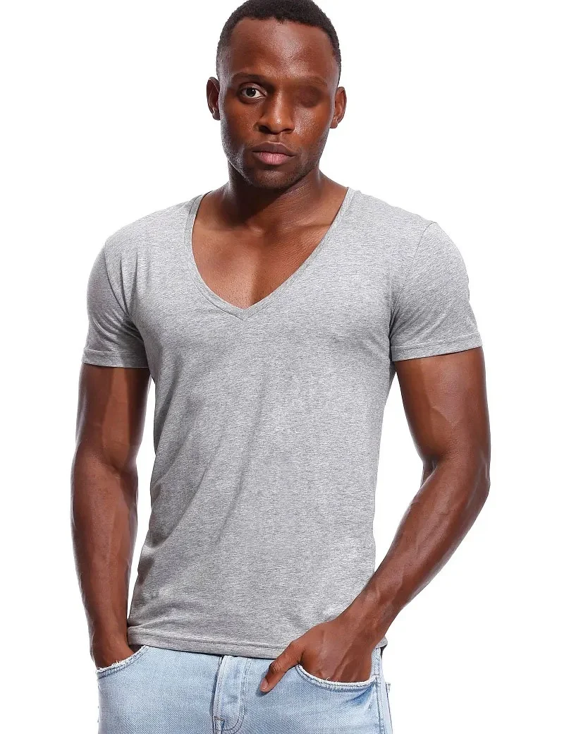 T-shirt męski z głębokim dekoltem w szpic i szerokim dekoltem w szpic Męski modalny t-shirt z krótkim rękawem Slim Fit Invisible Undershirt — zdjęcie 2