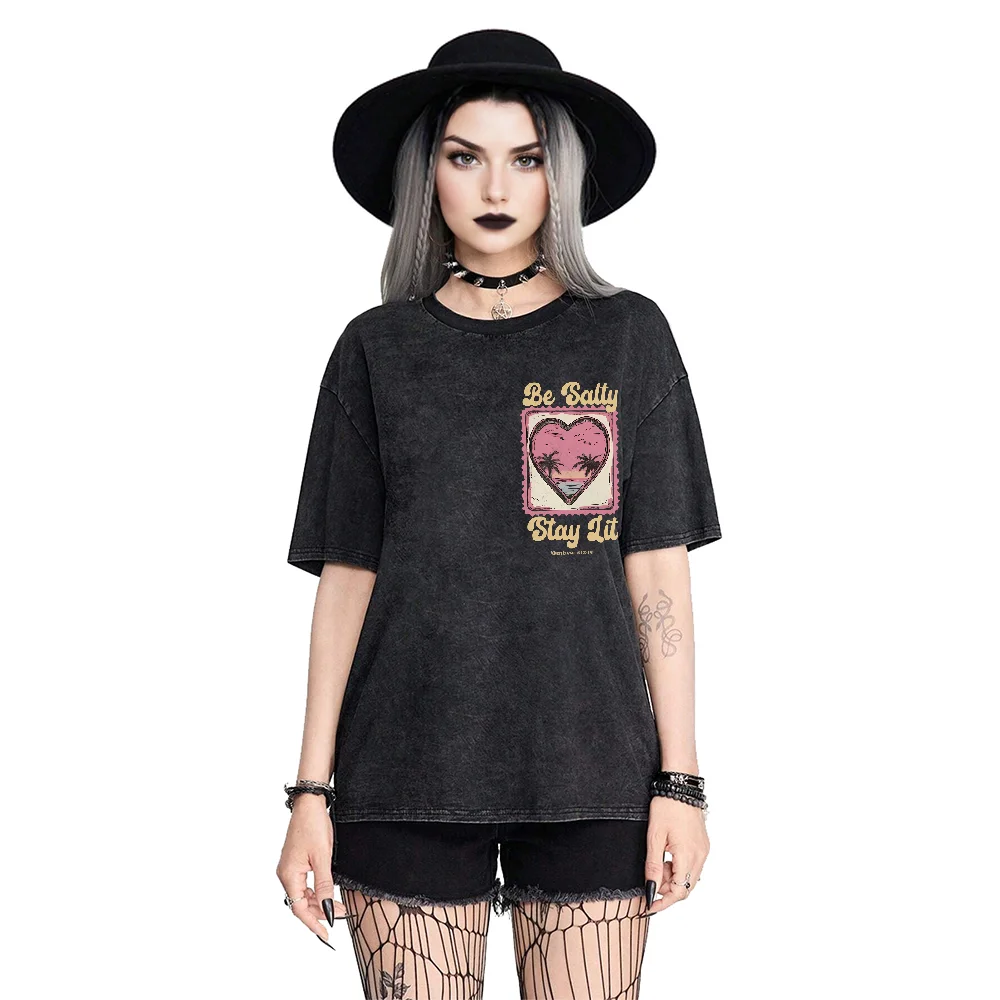 Salty Lit Heart Tee Pink Heart Beach Graphic Casual Loose Short Sleeved Summer Relaxing Trendy Playful Comfortable Top