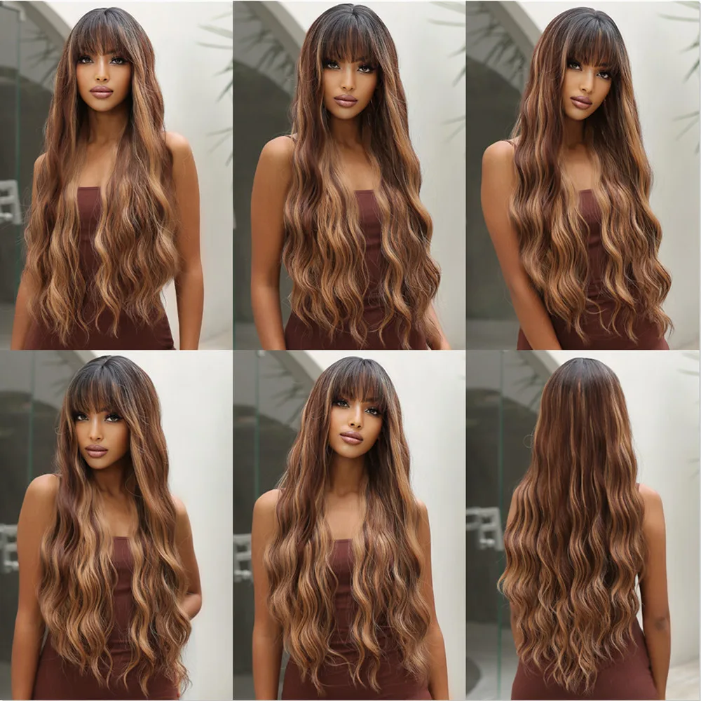 ALAN EATON Brown Highlight Synthetic Wigs with Bangs for Black Women Long Ombre Honey Brown Wave Wig Heat Resistant Hair Natural