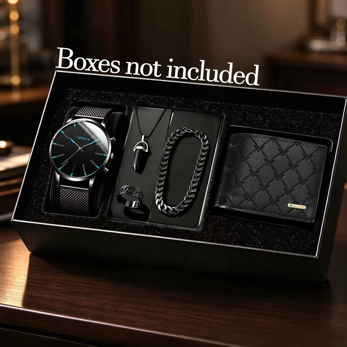 5-Piece Set of Men's Sporty, Fashionable, Casual Watches and a Set of Necklace, Bracelet, Ring, and Wallet, Suitable for Daily Wear, Birthday Gifts, Back-To-School Season Decorations, Valentine's Day and Christmas Gifts, an Excellent Choice for Men