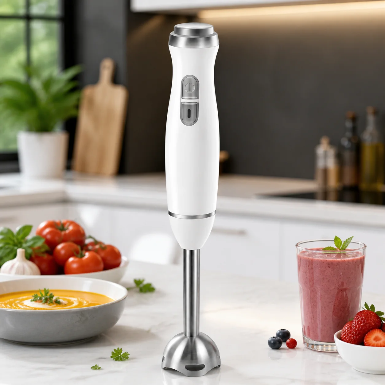 Mixeur plongeant électrique 400W avec lames en acier inoxydable, 2 vitesses, pour la pâtisserie, les crèmes et les smoothies, design ergonomique et léger, 38,8 cm