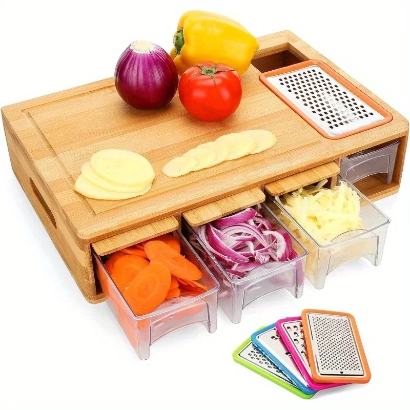 

A bamboo cutting board with a drawer design, equipped with a juice compartment, easy-grip handles and food sliding opening
