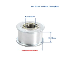 Outer Dia 10mm Idler Timing Pulley For Width 10 / 15mm Timing Belt Bearing Idler Gear Pulley Without Teeth 3/4/5mm Bore