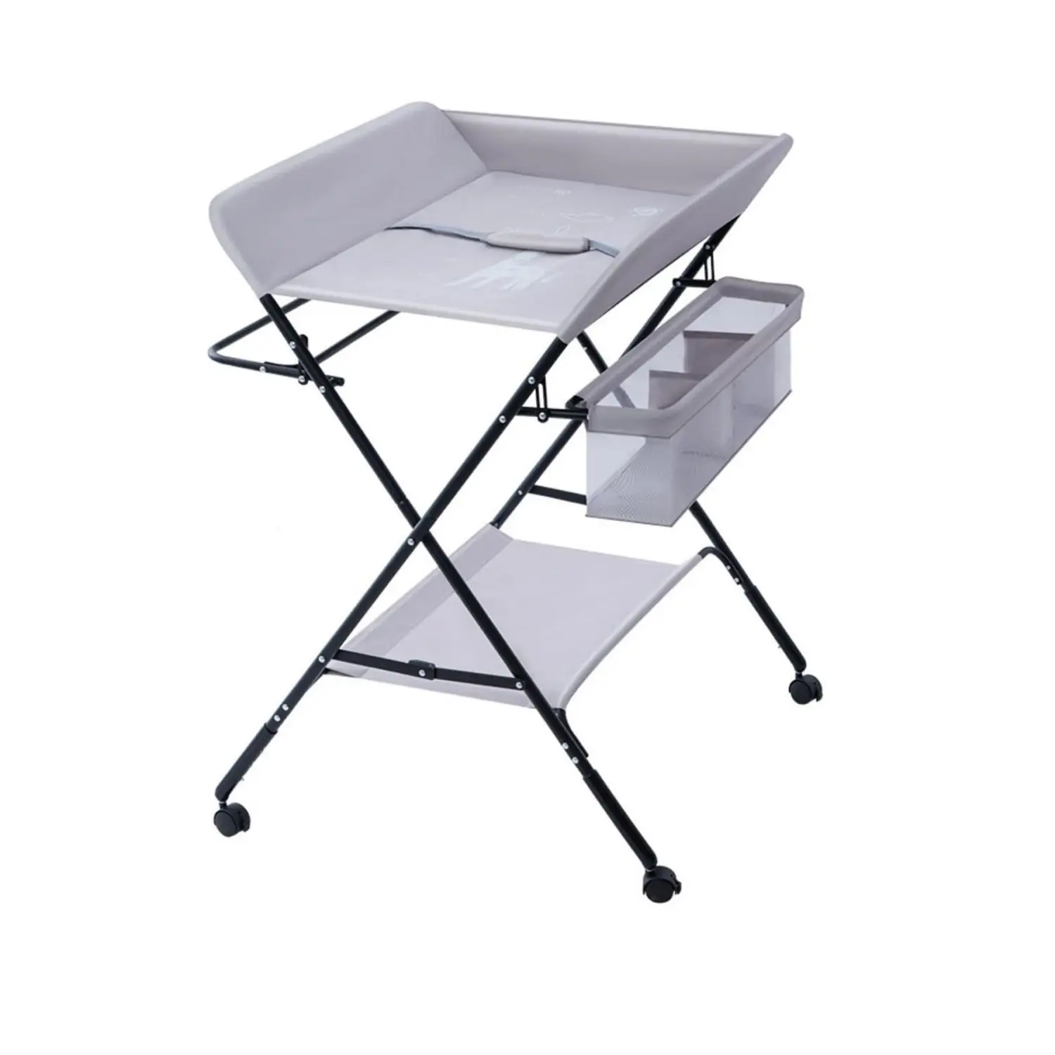 Portable Baby Changing Table Dresser, Foldable Changing Table with Wheels, Bottom Rack, Side Basket and Clothes Rail Grey