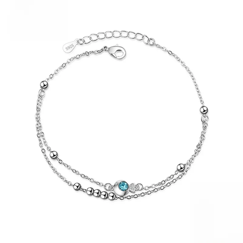 Nowa moda 925 Sterling Silver Blue Zircon Small Fish Pendant Double Layer Anklets Biżuteria damska Prezent Sexy Beach CZ Foot Chain — zdjęcie 2