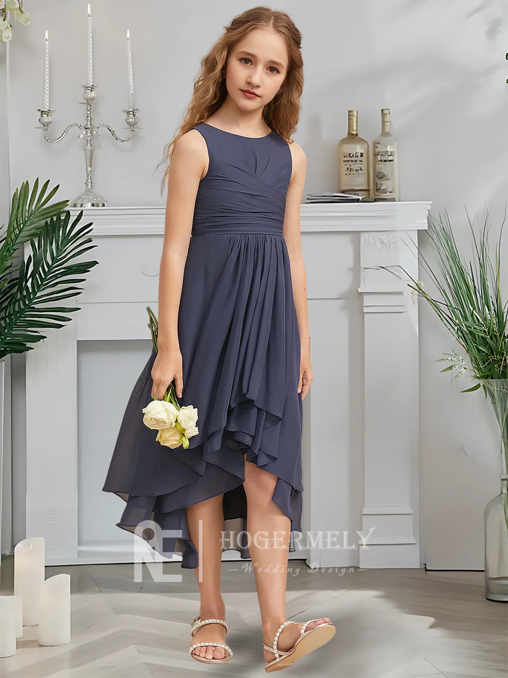 Этническое трапециевидное платье для подружек невесты, серебряное платье с цветочным узором для девочек, шифоновое платье длиной до колена с каскадными оборками на свадьбу