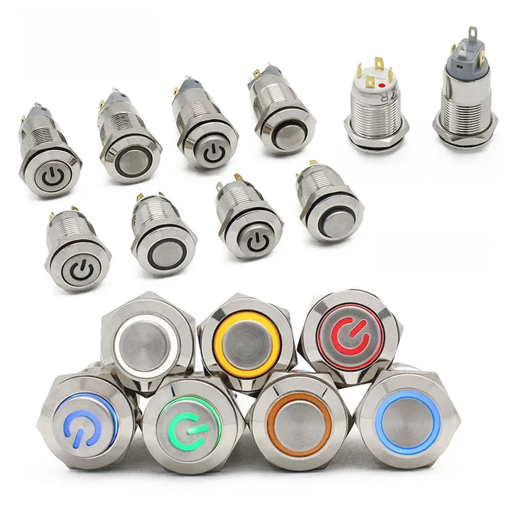 12mm Płaski, wodoodporny, metalowy przełącznik przyciskowy LED z wysoką główką Chwilowy zatrzaskowy wyłącznik zasilania komputera silnika samochodowego 3-380V — zdjęcie 2