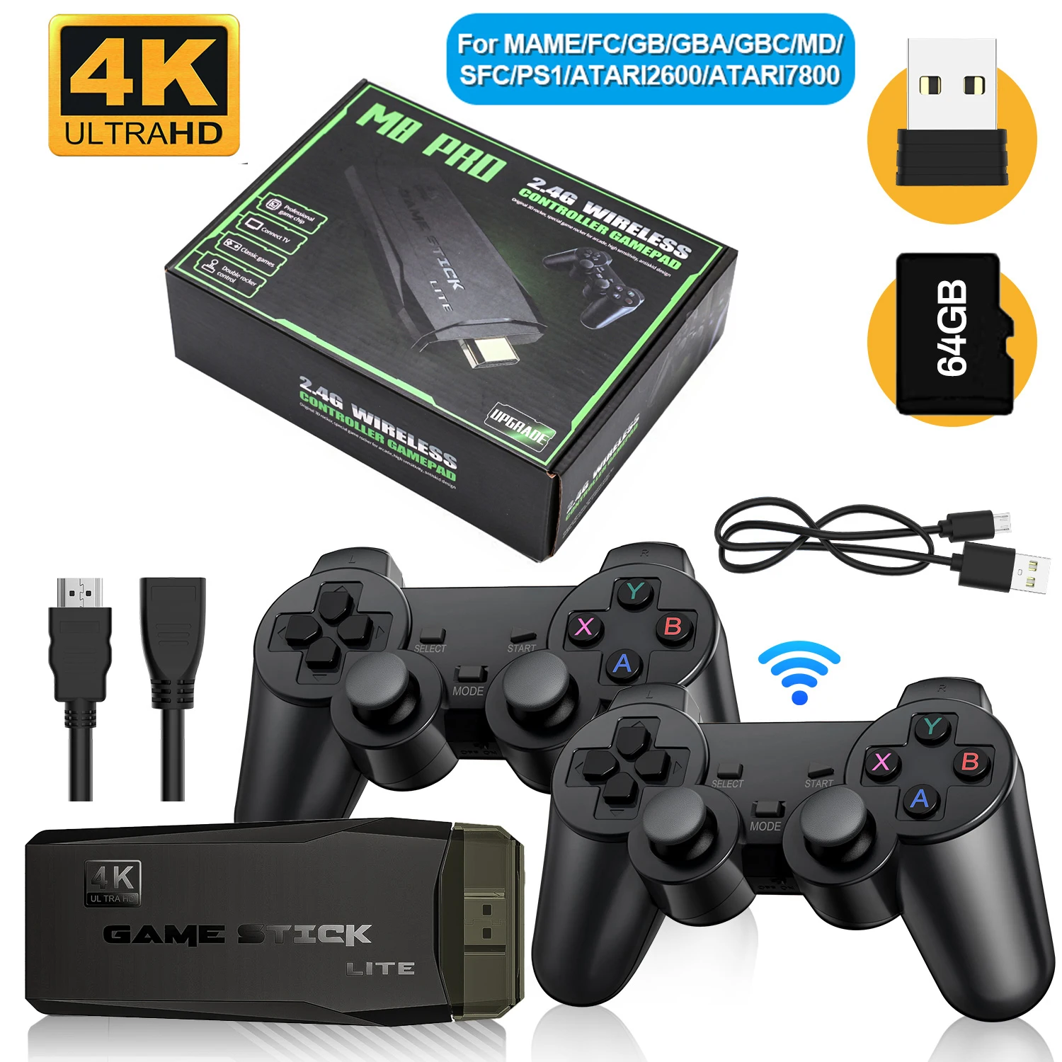 M8 PRO Video Game Console 2.4G Double Wireless Controller Game Stick 4K 15000 Games  64GB Retro Games for PS1/GBA Christmas Gift