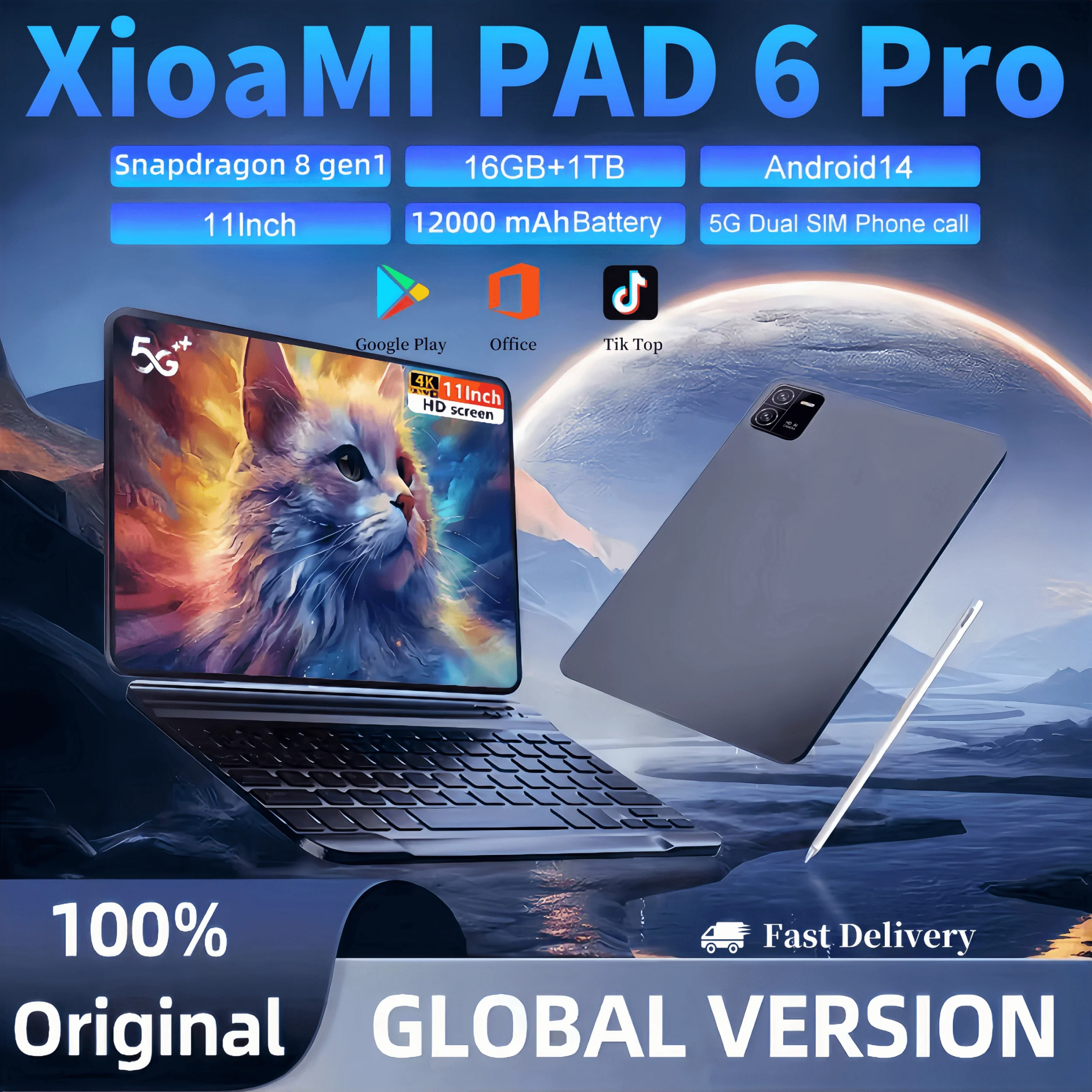 2024 neues Pad 6 Pro Xioami Tablets 11 Zoll 4k 16GB 1TB 12000mAh Snapdragon 8 Gen1 Android 14 5g Dual-Sim-Telefonanruf mi Tablet PC