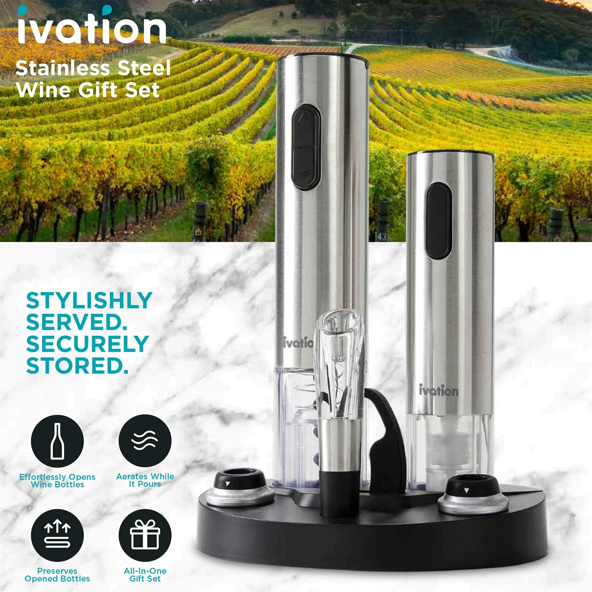 Ivation 7-Piece Wine Gift Set with Electric Bottle Opener, Wine Aerator, Foil Cutter, and More