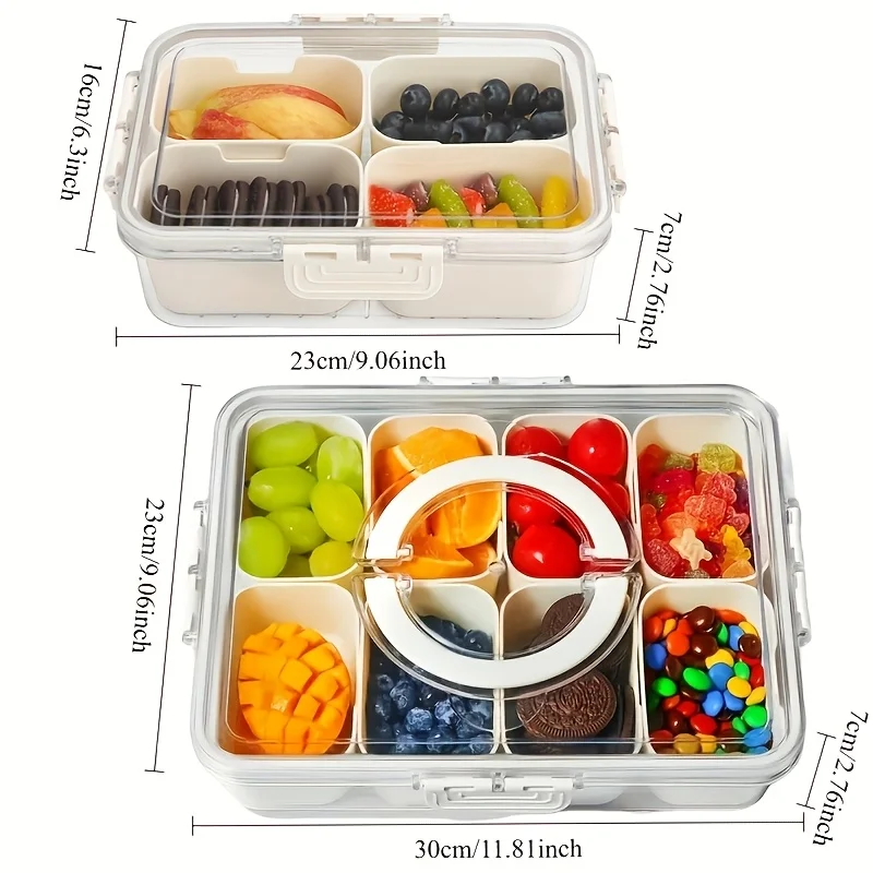 1pc Handheld split format snack tray, four sided snap on PP transparent material with lid sealed storage box view 2