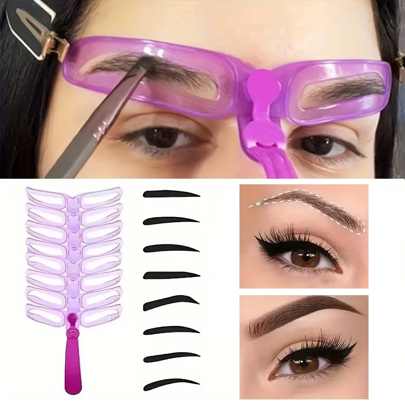 8-teiliges wiederverwendbares Augenbrauen-Schablonen-Set mit 8 Stilen und Griff – einfache Augenbrauenformung und Vorlage