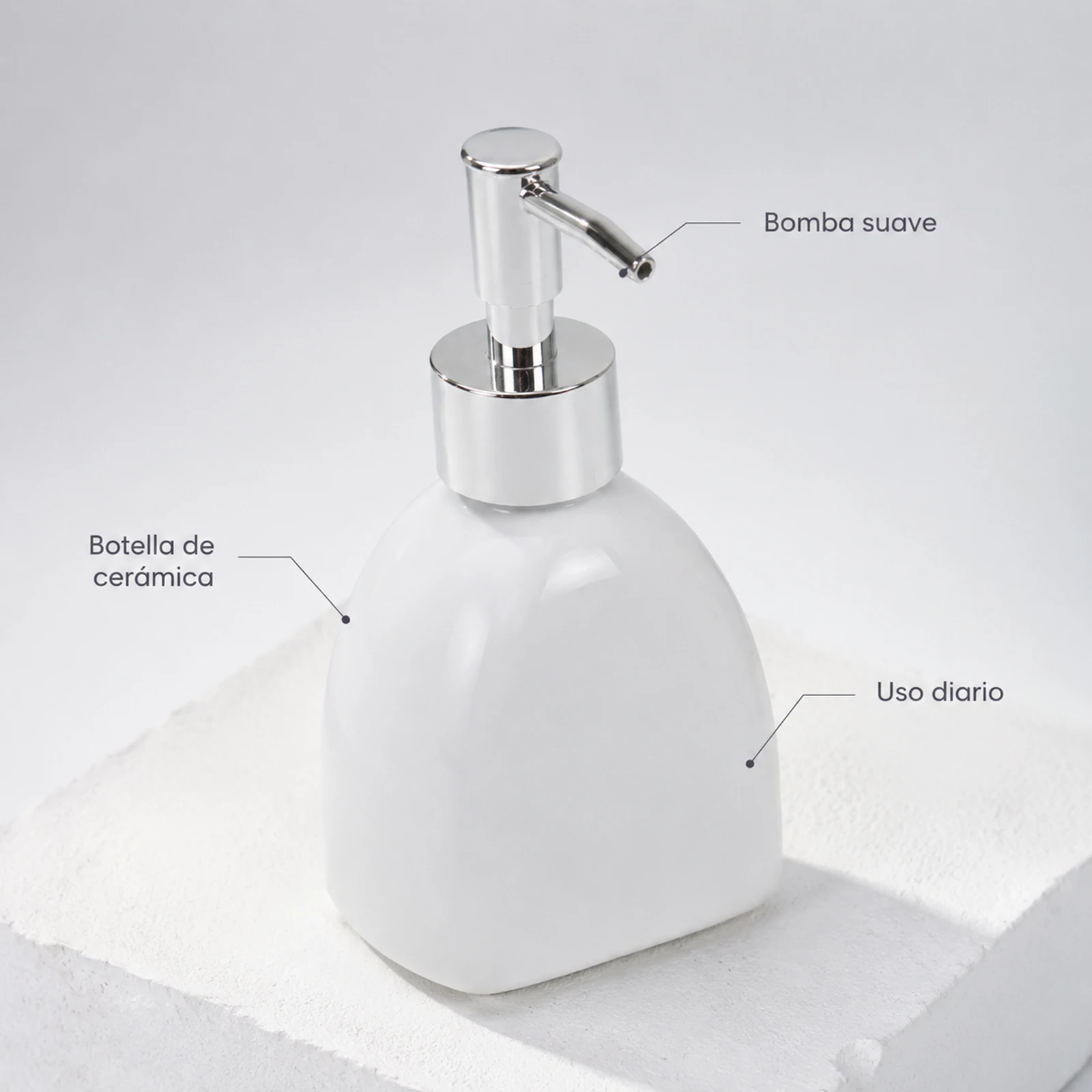 Distributeur de savon en céramique blanche 15X9X7Cm |     Bouteille décorative avec pompe souple en inox |     Rechargeable pour la salle de bain et la cuisine |     Style moderne