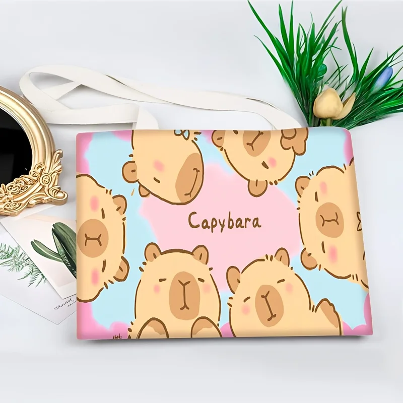 1Pcs Cute Capybara Print Tote Bag Pink Blue Macaron Large Capacity Shoulder Bag for School Commute Daily Gift for Girlfriend