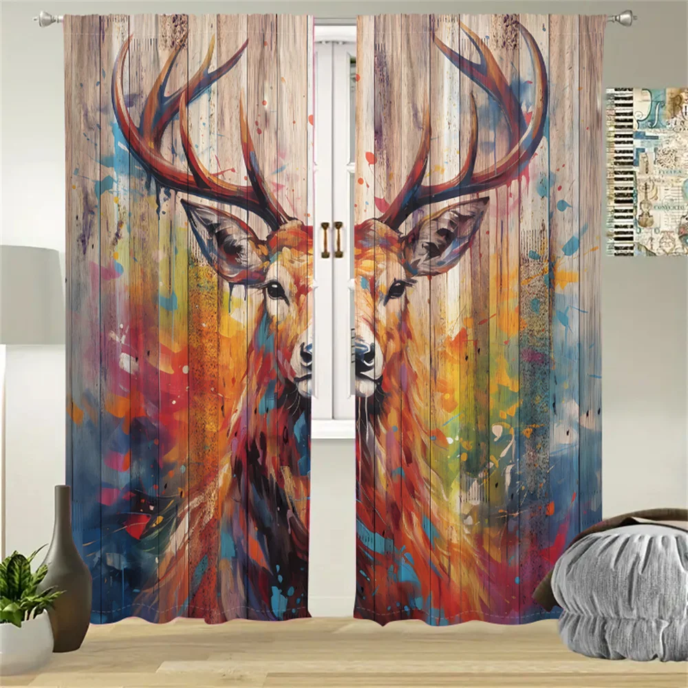 2 Pcs Deer Art Curtains Vintage Wood Board Painting Living Room Bedroom Window Decor Curtains 3D Digital Print Sunshade Curtains