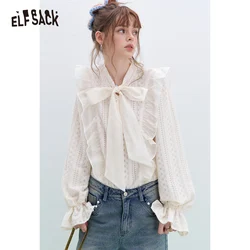 ELFSACK 2025 White Lace Blouse Women Bow Tie V Neck Flare Sleeve Shirt, Korean Sweet Romantic Office Elegant Top