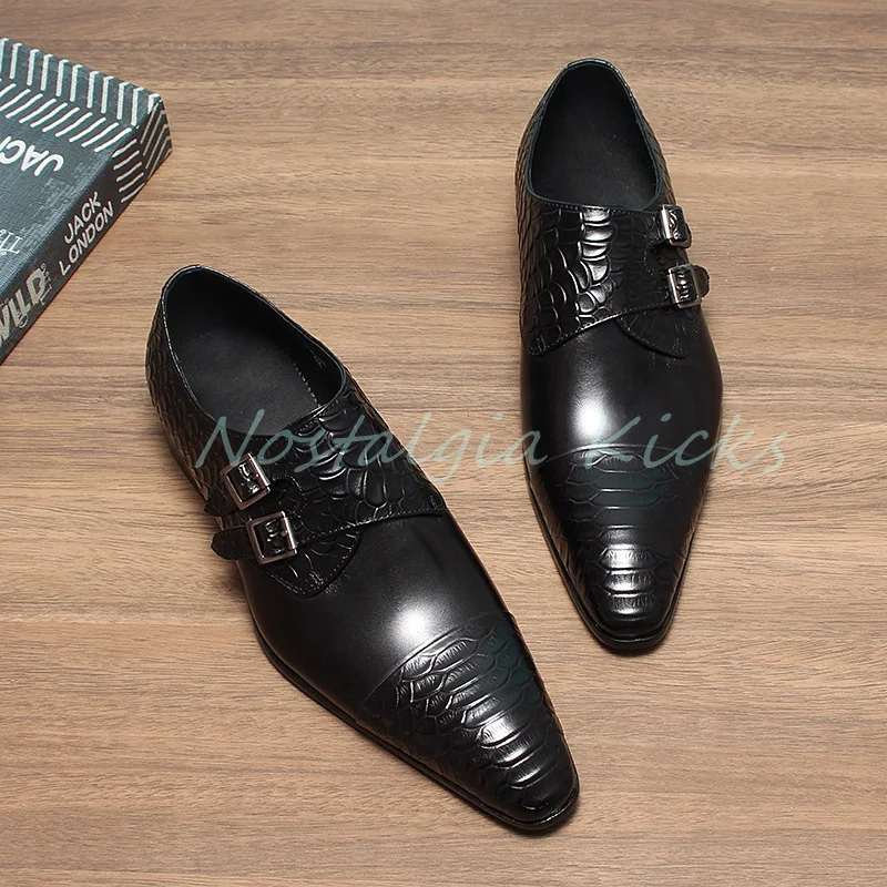 Chaussures de luxe Crocodile en relief à Double boucle pour hommes, chaussures Oxford d'affaires formelles à bout pointu en cuir véritable, rouge vin
