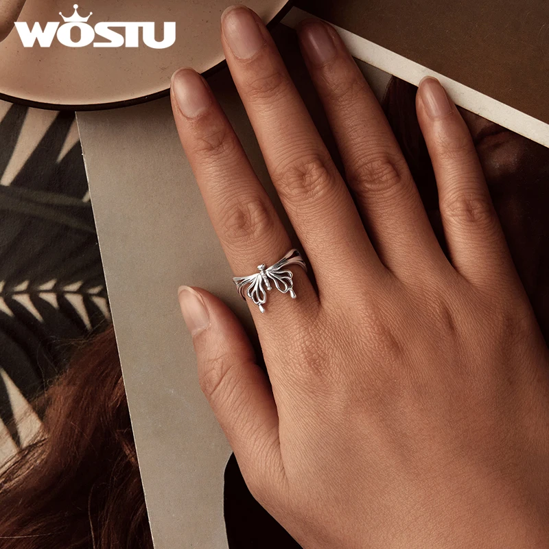 WOSTU 925 Sterling Silver Huge Hollow Flower Butterfly Open Ring For women Adjustable Party Rings Statement Jewelry Wedding Gift