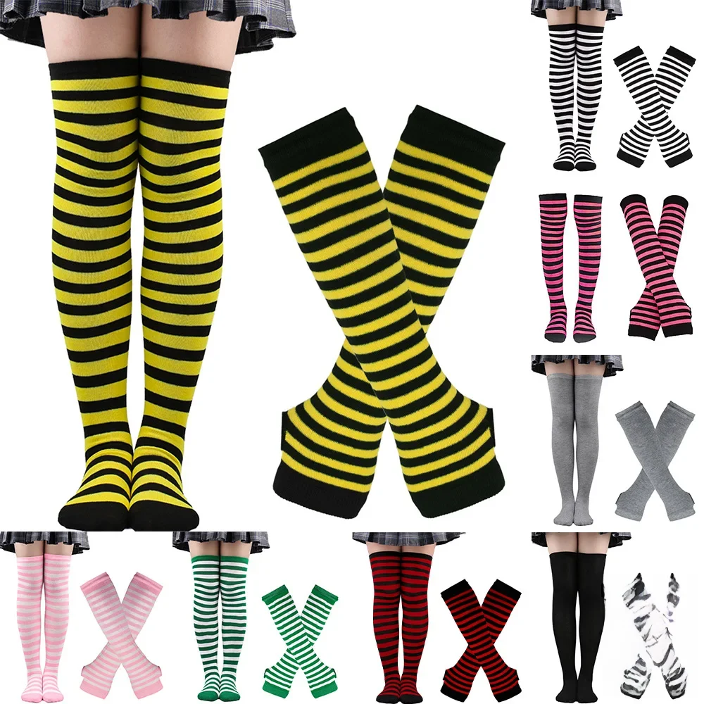 1 zestaw Kobiety Dziewczyny Nad kolanem Długie paski Drukowane zakolanówki Bawełniane skarpetki Rękawiczki Słodkie Śliczne Plus Size Overknee Socks — zdjęcie 2