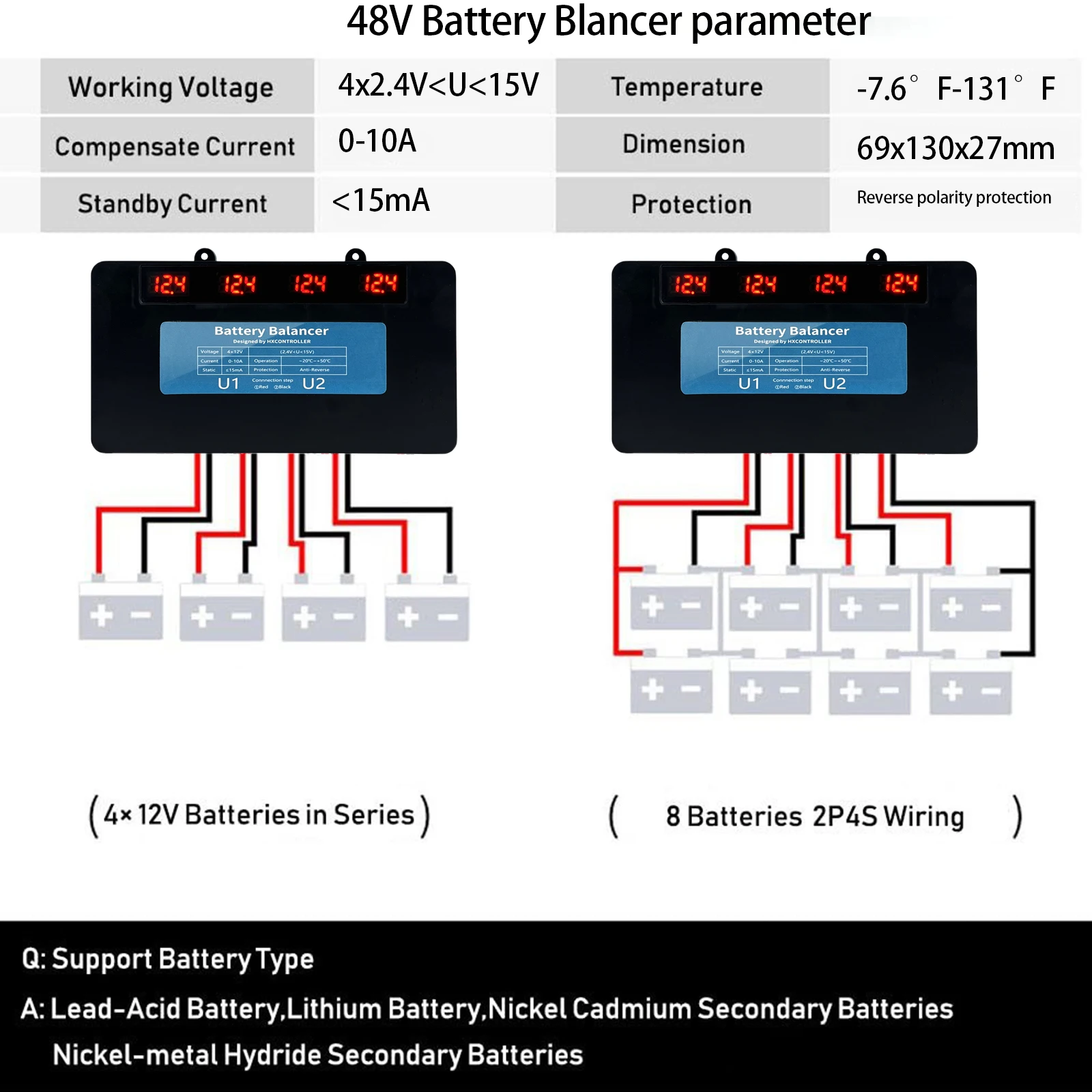 48V Battery Equalizer LED Display for 4 x 12V Batteries Balancer 4S Active Voltage Lead Acid Li li-ion LiFePO4 Battery