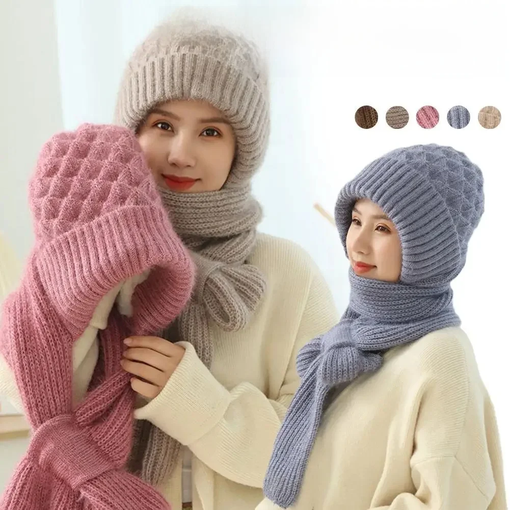 AliExpress NONE Winter Knitted Integrated Hat Scarf Set Cold Proof Ear Protection Scarf Warm Beanies Cycling Windproof Ladies Outdoor Caps