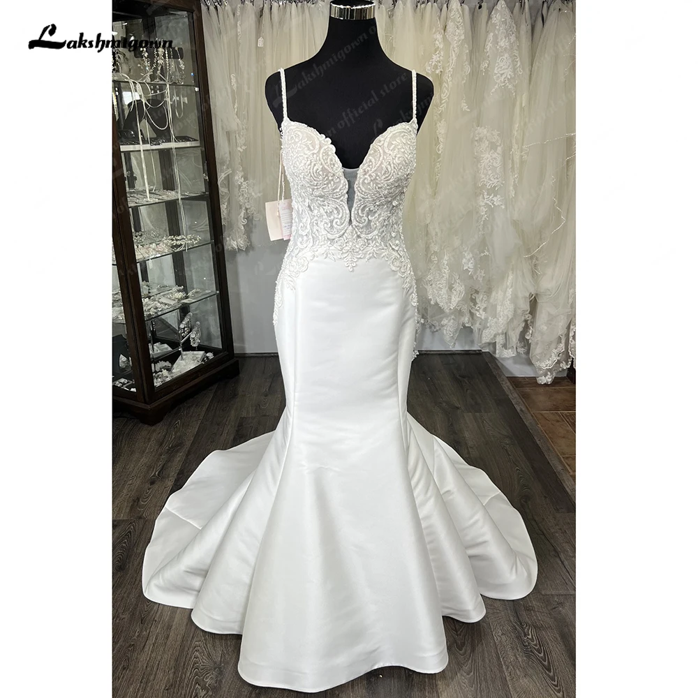 Lakshmigown 클래식 새틴 인어 웨딩 드레스, 2024 공주 보호 해변 신부 가운, 스파게티 롱 트레인 Hochzeitskleider