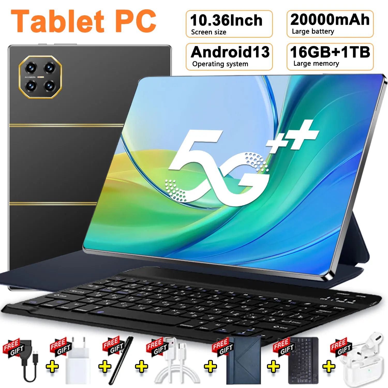 Tablette 5G nouvelle génération, version mondiale, 10,36 pouces, 14 cœurs, 20000 mAh, 16 Go + 1 To, double SIM, Android 13.0, appareil photo 16 MP + 32 MP, Bluetooth, Wi-Fi, GPS, WPS