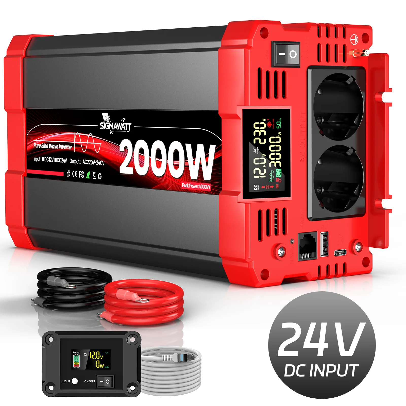 Zuivere Sinusgolf Omvormer DC 12V 24V AC 220V 230V 2000W Nominaal 4000W Piekmacht LCD Afstandsbediening USB Type-C Camper Auto Camping Huis