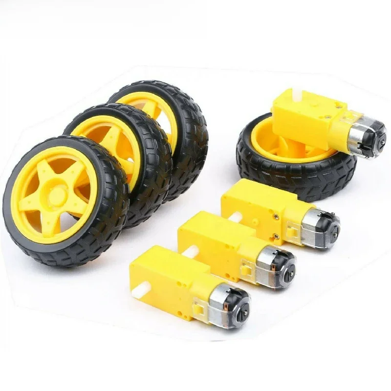 4 pièces moteur électrique cc + roue de pneu de moteur TT en plastique 3-6V moteur à engrenages à double arbre moteur de boîte de vitesses magnétique TT pour voiture intelligente Arduino