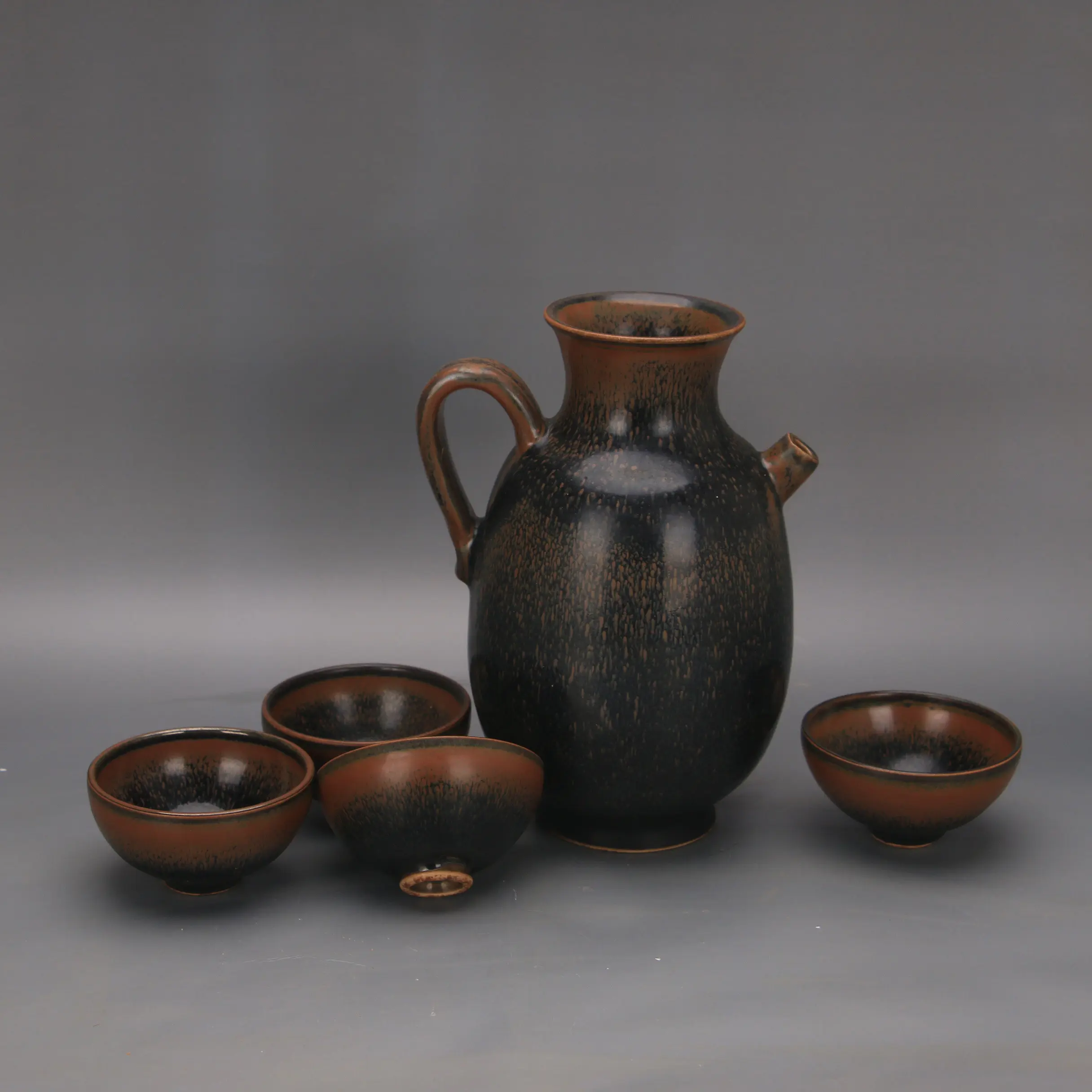 Vintage Song Dynasty Style Jian Kiln Black Glaze Temmoku Rust Spot Handmade Teapot 4 Cups Tea Set Home Decor Collectible