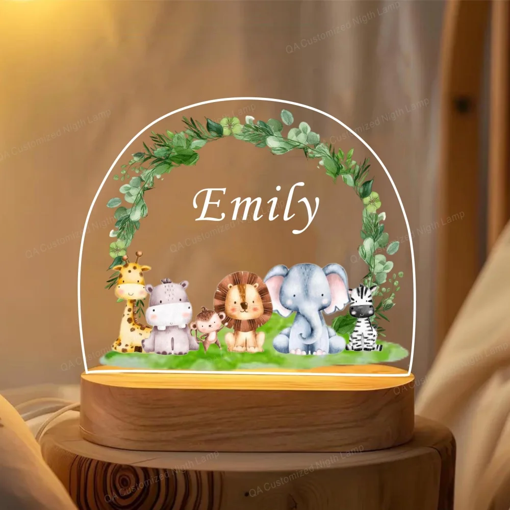 Spersonalizowana lampka nocna LED USB Animal Monkey Elephant Tiger Niestandardowe nazwy Akrylowa lampa dla dzieci do dekoracji wnętrz