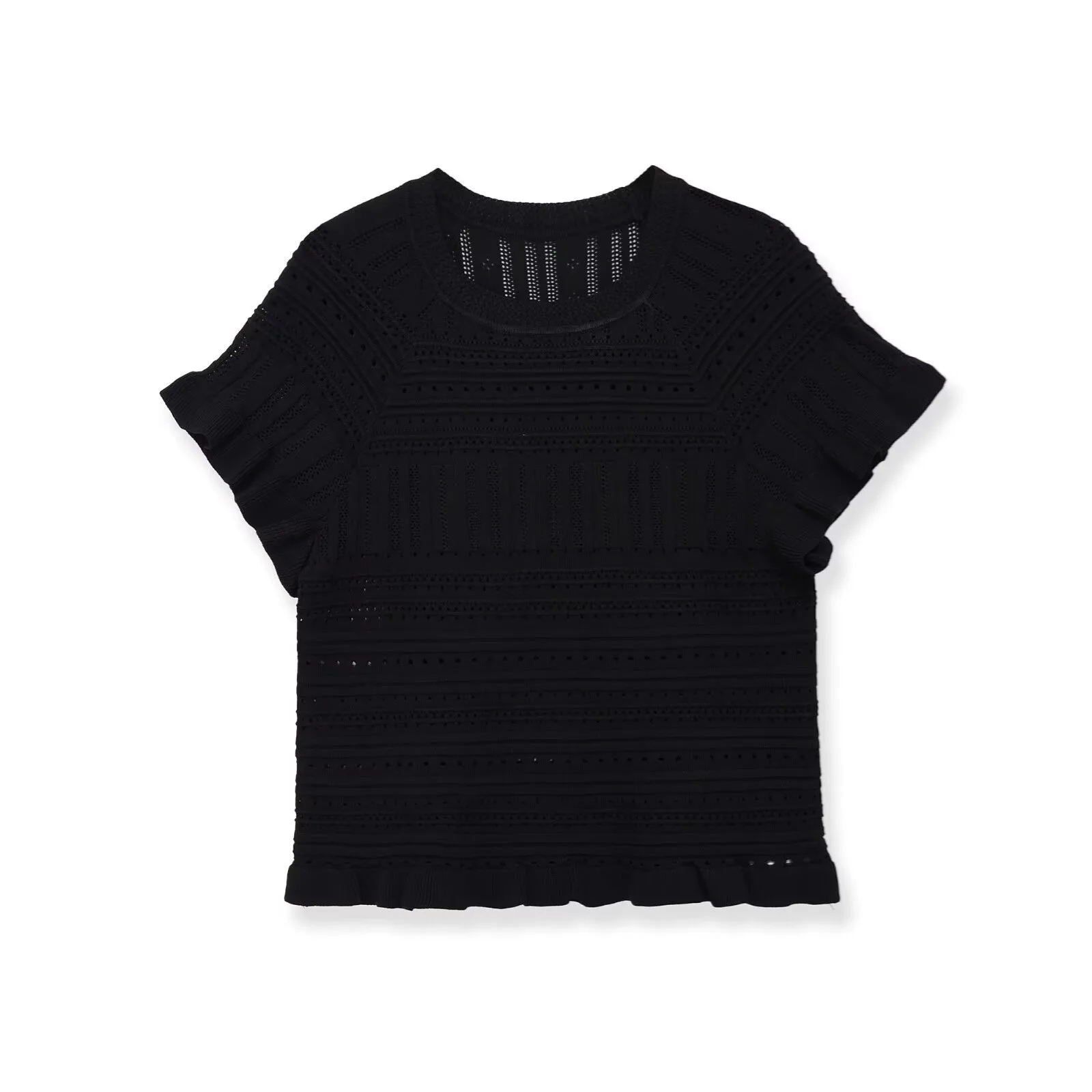 French Ruffle Knit Top Women Casual Hollow Out Pointelle Sweaters Summer O Neck Short Sleeve Slim Chic Pullover Blouse Tops