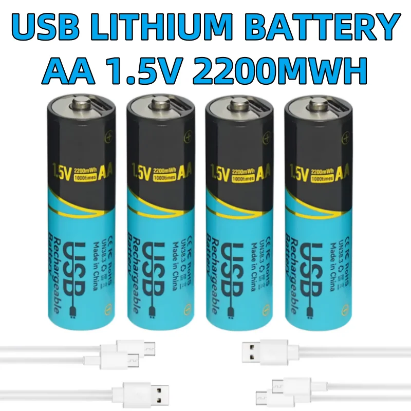 Skywolfeye 4Pcs 1.5V AA 2200mwh USB Type C Rechargeable Lithium Batteries with 2 Cables for Remote Control Mouse