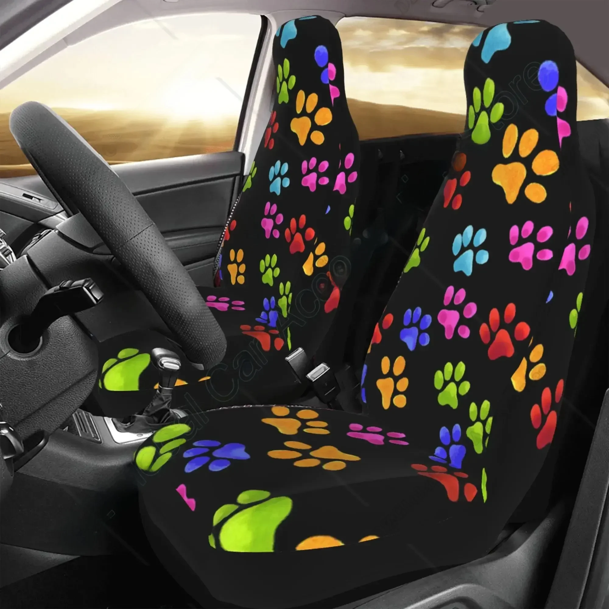 Kolorowe Dog Paw Print pokrowce na siedzenia dla kobiet pokrowce na przednie siedzenia czechy Design wnętrze samochodu zestaw ochraniaczy 2 uniwersalne — zdjęcie 2