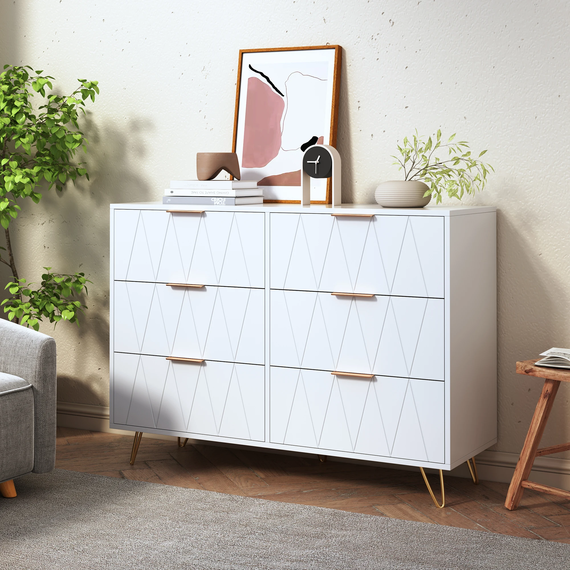 Superaly, Armoire à 6 tiroirs, commode, casiers, design anti-basculement pour entrée, pieds d'armoire dorés, convient pour le salon.