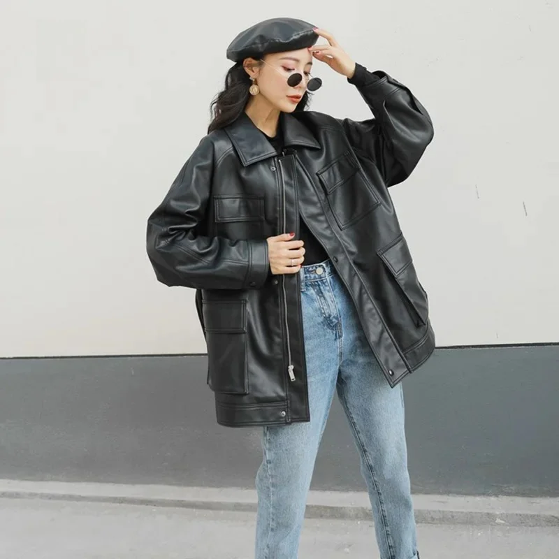 LY VAREY LIN w stylu BF luźna kurtka ze sztucznej skóry kobiet w stylu Vintage długa skórzana kurtka z paskiem damska motocyklowa kurtka motocyklowa — zdjęcie 2